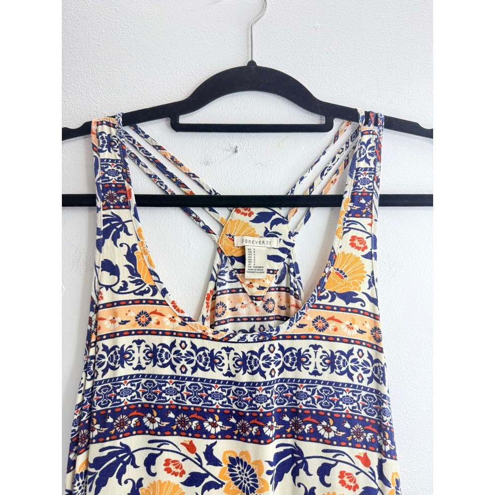 Forever 21 Women's Blue Orange Floral Boho Maxi Dress Strappy Racerback Sz S - Picture 3 of 12